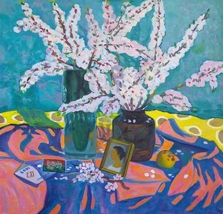 Moesey Li: 'Spring still life ', 2001 Oil Painting, Floral. realism, still life, spring, flowers, apricot, vase, apple...
